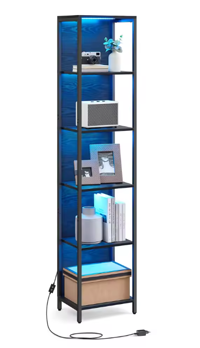 Boekenkast met LED-Verlichting – 6 Niveaus, Staal & Hout, Modern en Ruim