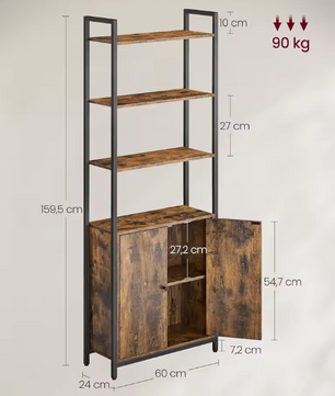 Boekenkast met Deuren – 6 Niveaus, Hout & Staal, Industrieel Design