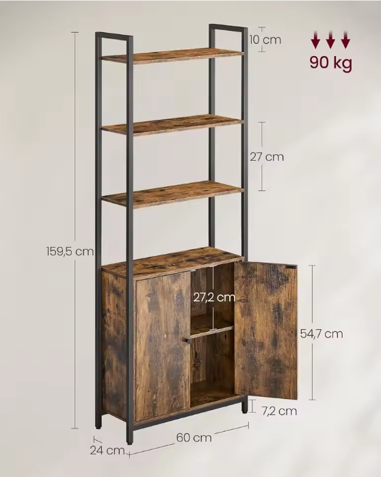 Boekenkast met Deuren – 6 Niveaus, Hout & Staal, Industrieel Design