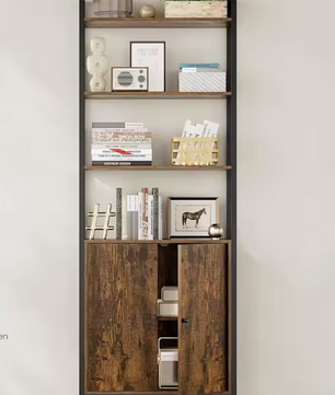 Boekenkast met Deuren – 6 Niveaus, Hout & Staal, Industrieel Design