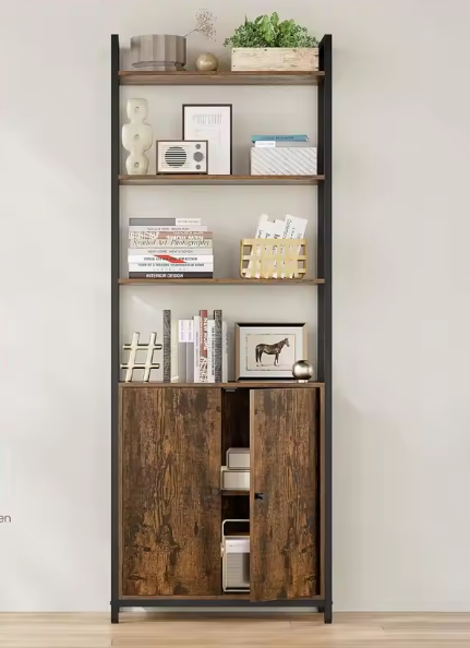 Boekenkast met Deuren – 6 Niveaus, Hout & Staal, Industrieel Design