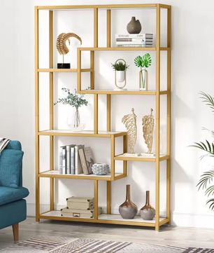 Boekenkast met Gouden Frame – 5 Niveaus & 8 Open Vakken, Modern Design