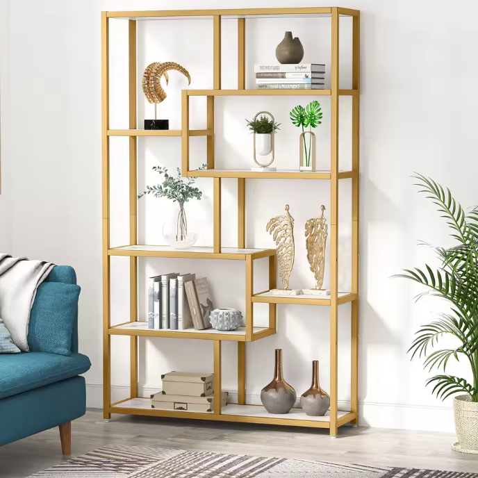 Boekenkast met Gouden Frame – 5 Niveaus & 8 Open Vakken, Modern Design