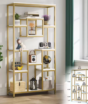 Boekenkast met Gouden Frame – 5 Niveaus & 8 Open Vakken, Modern Design