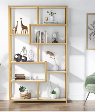 Boekenkast met Gouden Frame – 5 Niveaus & 8 Open Vakken, Modern Design
