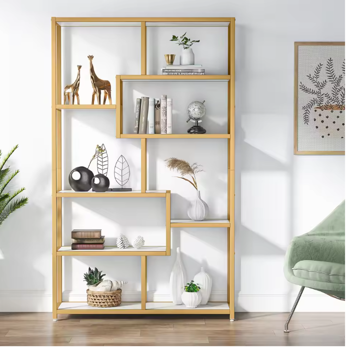Boekenkast met Gouden Frame – 5 Niveaus & 8 Open Vakken, Modern Design