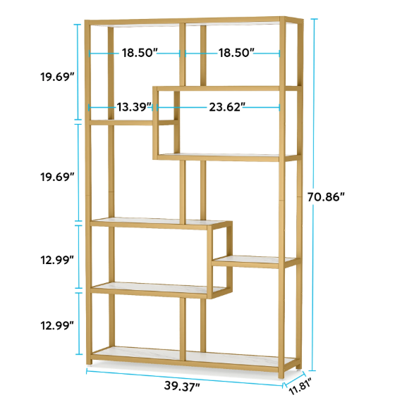 Boekenkast met Gouden Frame – 5 Niveaus & 8 Open Vakken, Modern Design