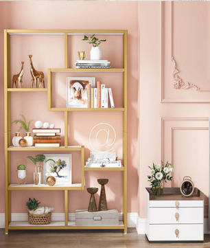 Boekenkast met Gouden Frame – 5 Niveaus & 8 Open Vakken, Modern Design