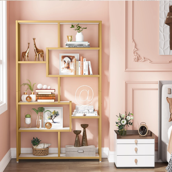 Boekenkast met Gouden Frame – 5 Niveaus & 8 Open Vakken, Modern Design