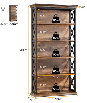 Industriële Boekenkast – 6 Niveaus met Metaal & Hout, Ruim en Modern