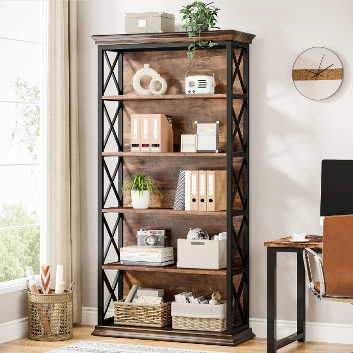 Industriële Boekenkast – 6 Niveaus met Metaal & Hout, Ruim en Modern