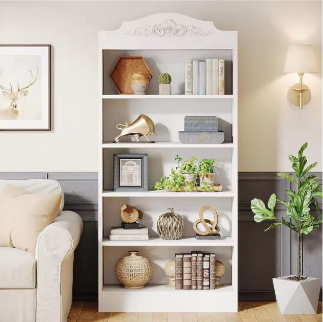 Boekenkast Wit – 5 Niveaus, Hoge Opbergkast met Open Planken