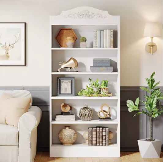 Boekenkast Wit – 5 Niveaus, Hoge Opbergkast met Open Planken