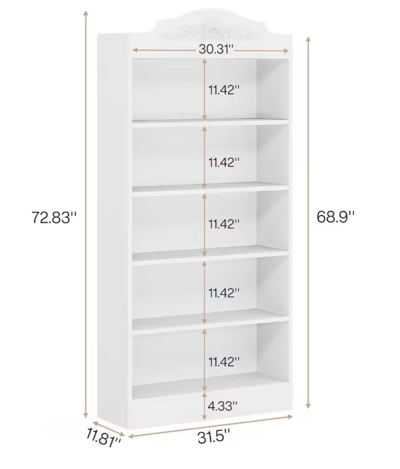 Boekenkast Wit – 5 Niveaus, Hoge Opbergkast met Open Planken