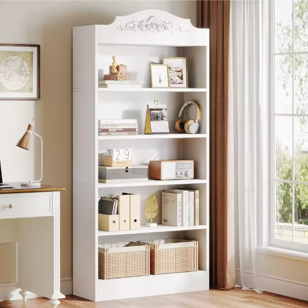 Boekenkast Wit – 5 Niveaus, Hoge Opbergkast met Open Planken