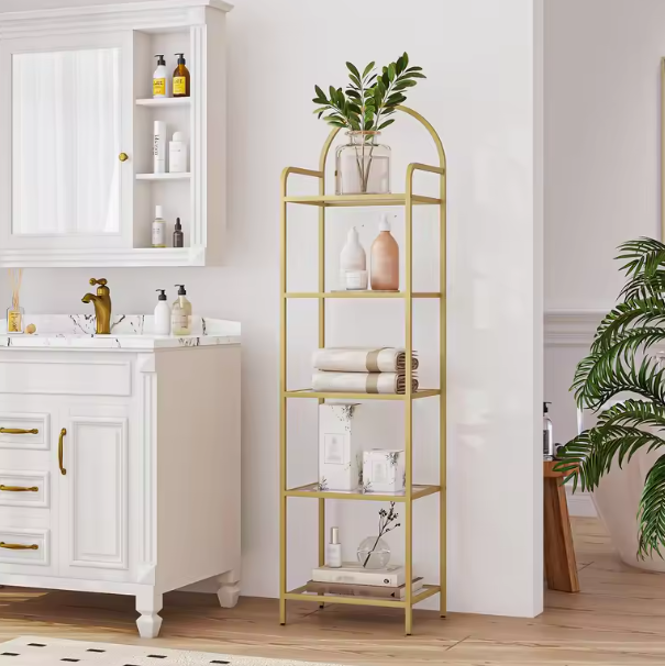 Boekenkast Goud met Glasplanken – 5 Niveaus, Modern en Elegant