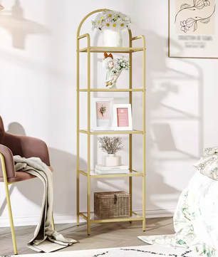 Boekenkast Goud met Glasplanken – 5 Niveaus, Modern en Elegant
