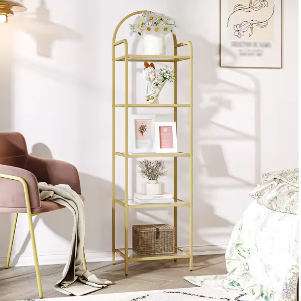 Boekenkast Goud met Glasplanken – 5 Niveaus, Modern en Elegant