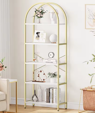 Boekenkast met Boog – 5 Niveaus, Metalen Frame & MDF Hout