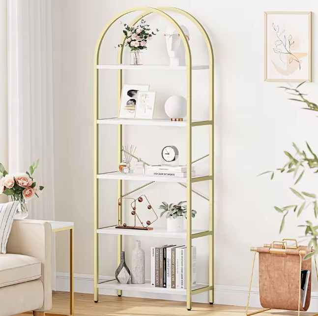 Boekenkast met Boog – 5 Niveaus, Metalen Frame & MDF Hout