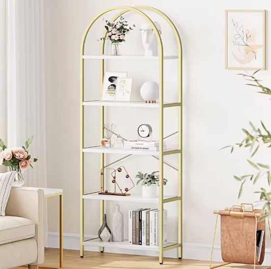 Boekenkast met Boog – 5 Niveaus, Metalen Frame & MDF Hout
