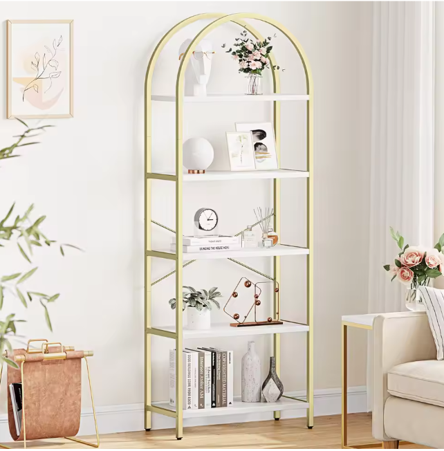 Boekenkast met Boog – 5 Niveaus, Metalen Frame & MDF Hout