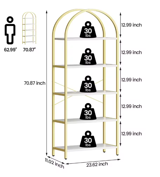 Boekenkast met Boog – 5 Niveaus, Metalen Frame & MDF Hout