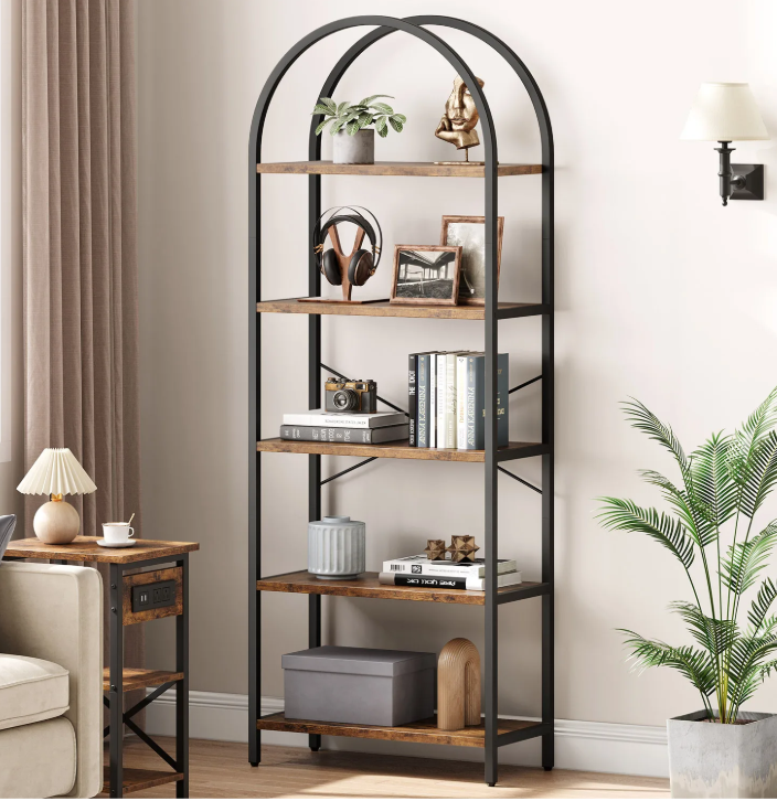 Boekenkast met Boog – 5 Niveaus, Metalen Frame & MDF Hout