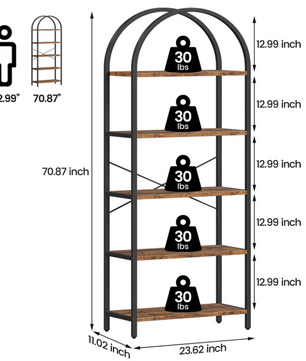 Boekenkast met Boog – 5 Niveaus, Metalen Frame & MDF Hout