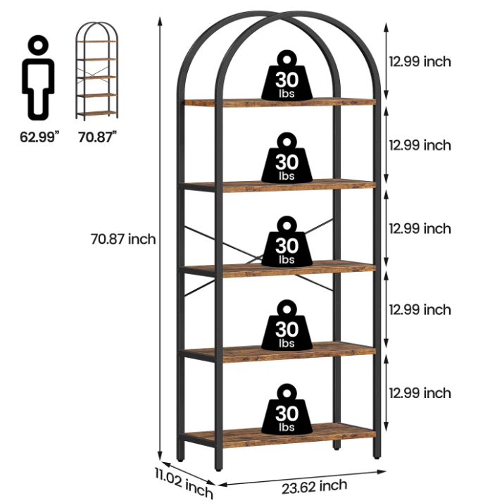 Boekenkast met Boog – 5 Niveaus, Metalen Frame & MDF Hout