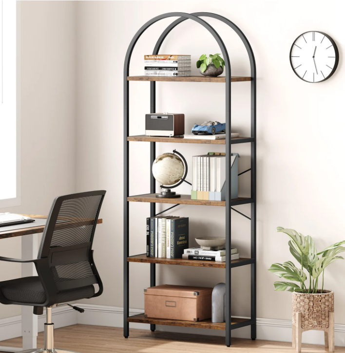 Boekenkast met Boog – 5 Niveaus, Metalen Frame & MDF Hout