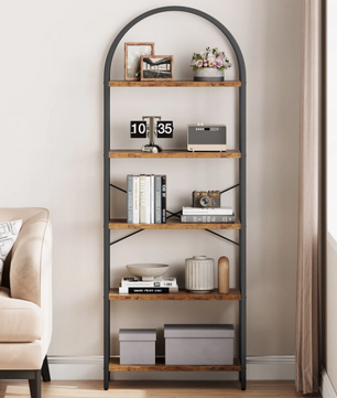 Boekenkast met Boog – 5 Niveaus, Metalen Frame & MDF Hout