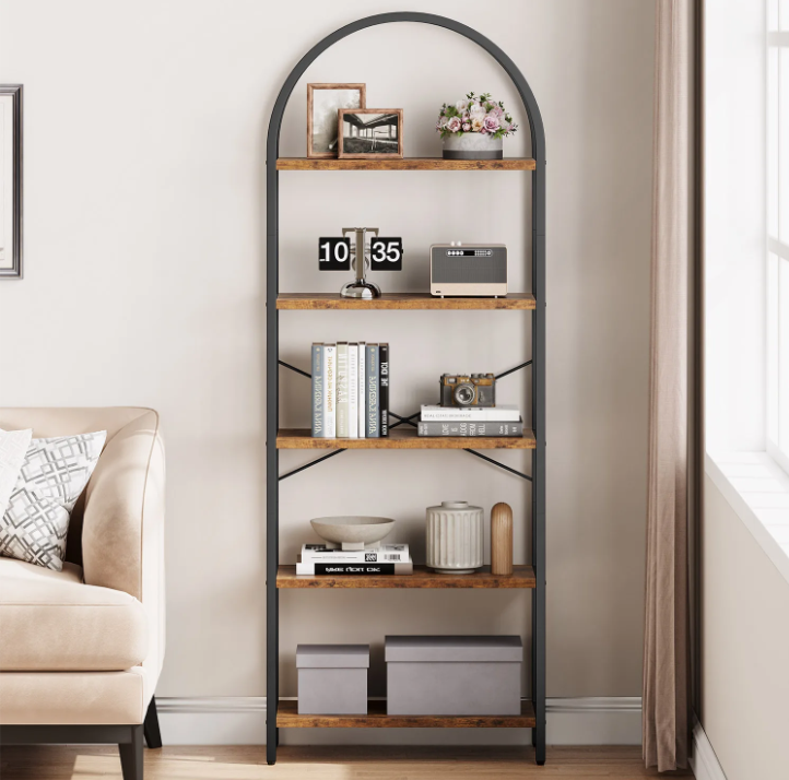 Boekenkast met Boog – 5 Niveaus, Metalen Frame & MDF Hout