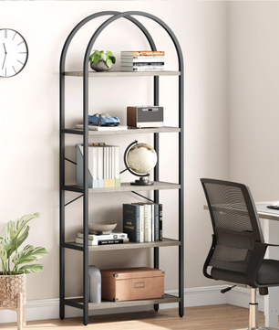 Boekenkast met Boog – 5 Niveaus, Metalen Frame & MDF Hout