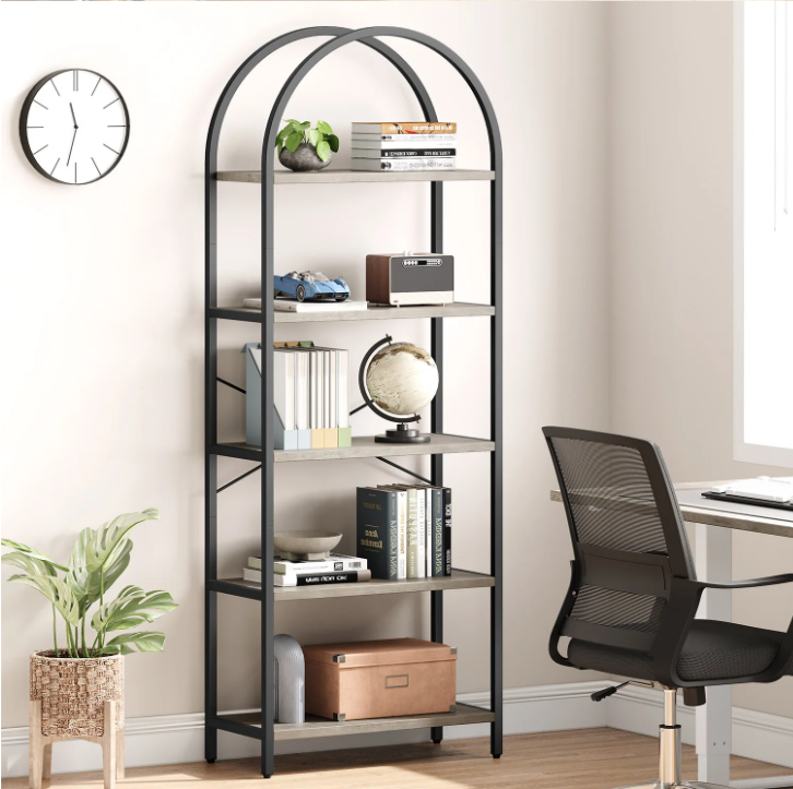 Boekenkast met Boog – 5 Niveaus, Metalen Frame & MDF Hout