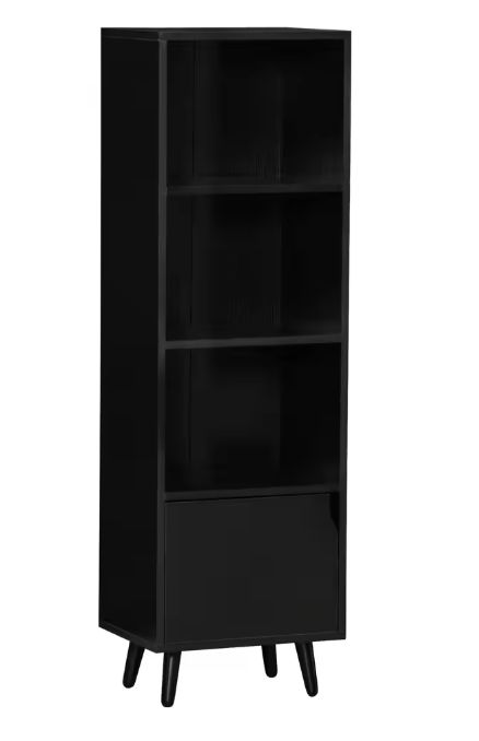 Boekenkast Zwart – 3 Open Planken & Kastdeur, Houtlook en Modern Design