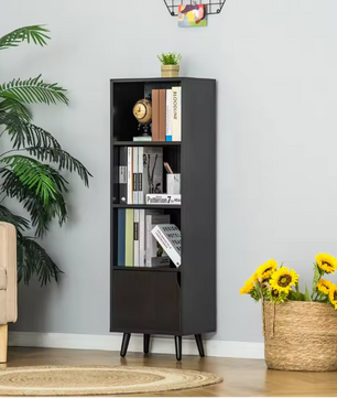 Boekenkast Zwart – 3 Open Planken & Kastdeur, Houtlook en Modern Design