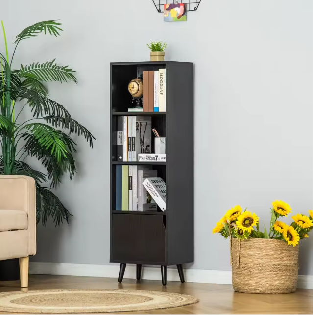 Boekenkast Zwart – 3 Open Planken & Kastdeur, Houtlook en Modern Design