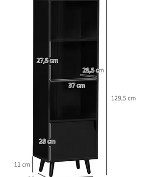 Boekenkast Zwart – 3 Open Planken & Kastdeur, Houtlook en Modern Design