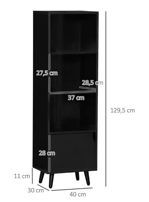 Boekenkast Zwart – 3 Open Planken & Kastdeur, Houtlook en Modern Design
