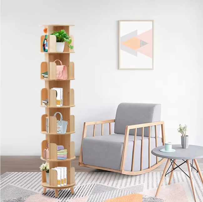 Draaibare Boekenkast – 6 Niveaus, Massief Hout & Ruime Opslag