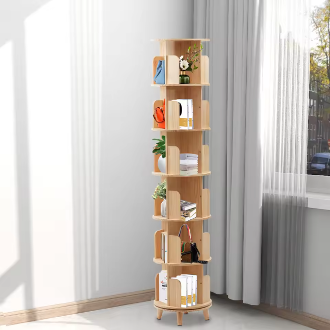 Draaibare Boekenkast – 6 Niveaus, Massief Hout & Ruime Opslag