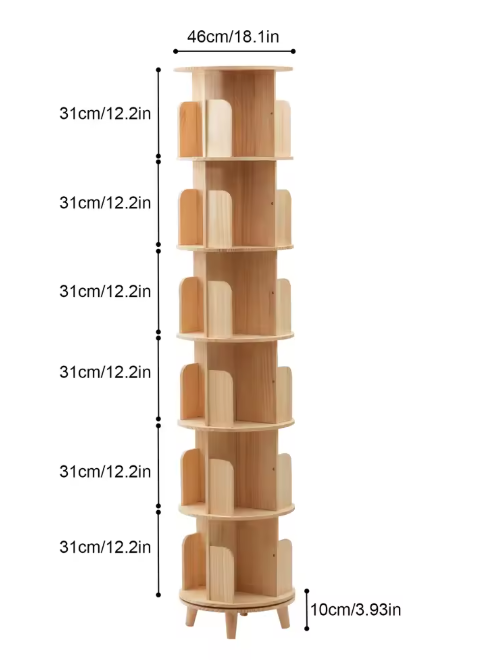 Draaibare Boekenkast – 6 Niveaus, Massief Hout & Ruime Opslag