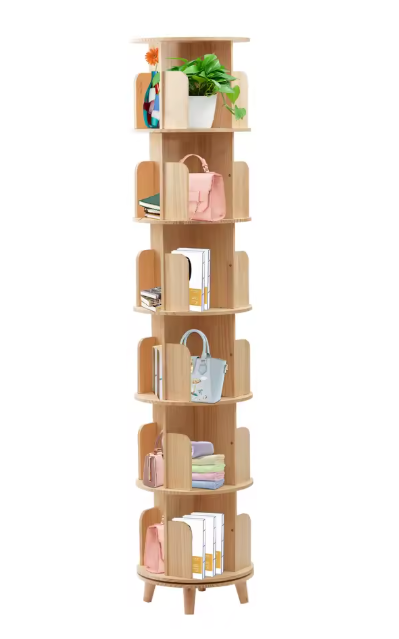 Draaibare Boekenkast – 6 Niveaus, Massief Hout & Ruime Opslag