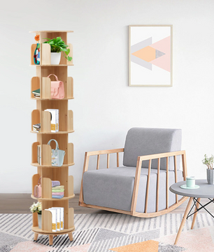Draaibare Boekenkast – 6 Niveaus, Massief Hout & Ruime Opslag