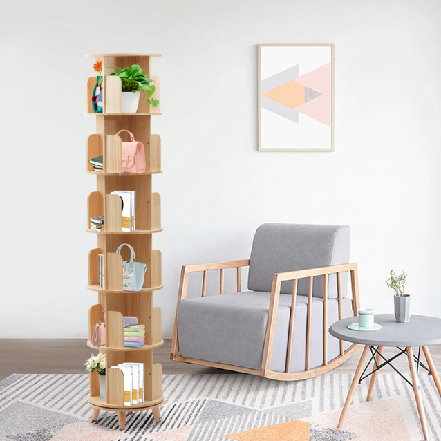 Draaibare Boekenkast – 6 Niveaus, Massief Hout & Ruime Opslag