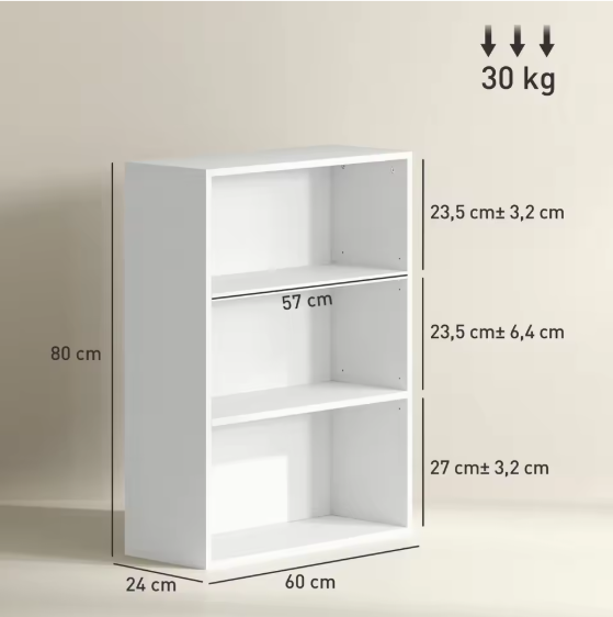 Boekenkast Wit – 3 Niveaus met Verstelbare Planken, Compact en Modern
