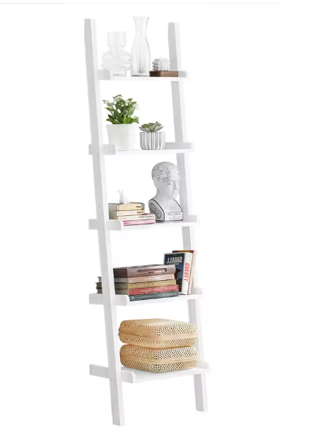 Ladder Boekenkast Wit – 5 Niveaus, MDF Wandrek & Opbergplank