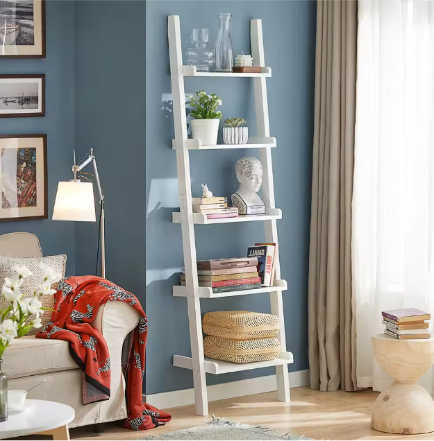 Ladder Boekenkast Wit – 5 Niveaus, MDF Wandrek & Opbergplank