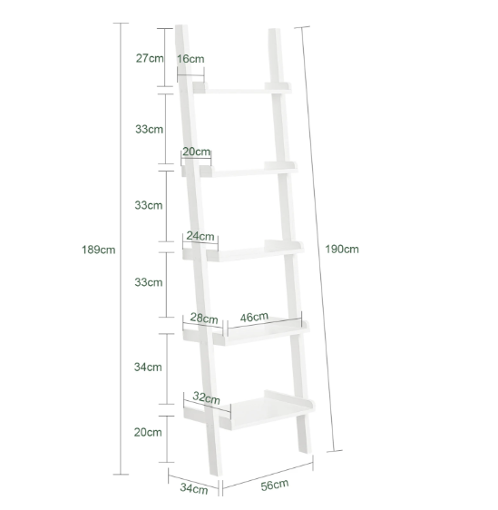 Ladder Boekenkast Wit – 5 Niveaus, MDF Wandrek & Opbergplank